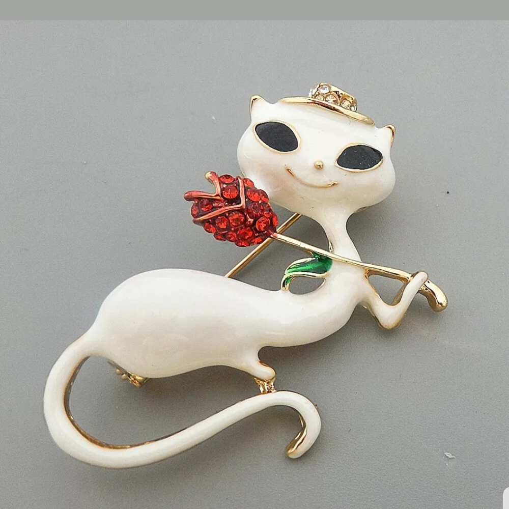 White, Enamel, Crystal Rose, Flower Cat Brooch